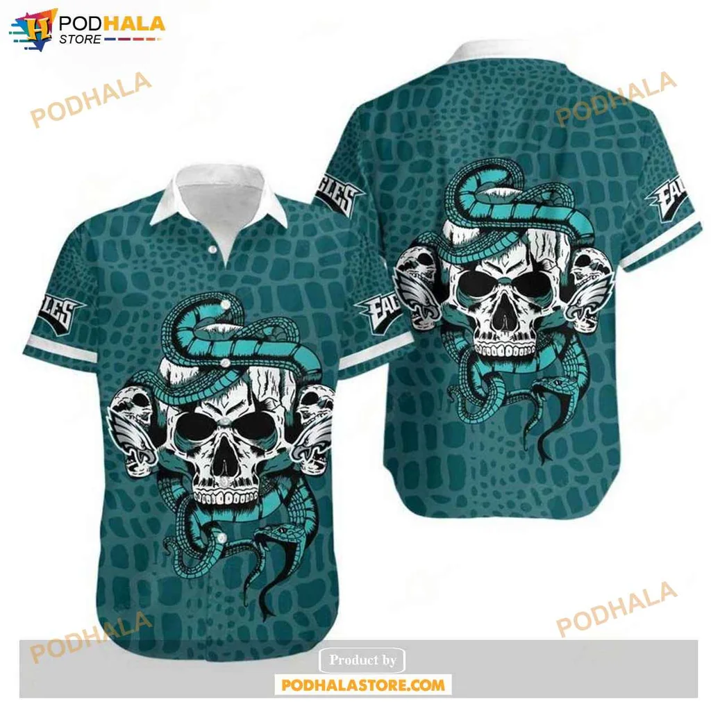 Edgy Skull Snake Hawaiian Shirt For Philadelphia Eagles Fans, Summer Style