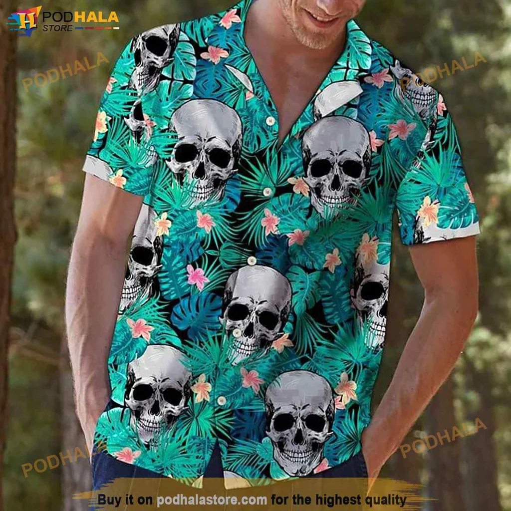 Edgy Skull Tropical Hawaiian Shirt, Vibrant Summer Design With Green Leaves And Pink Flowers