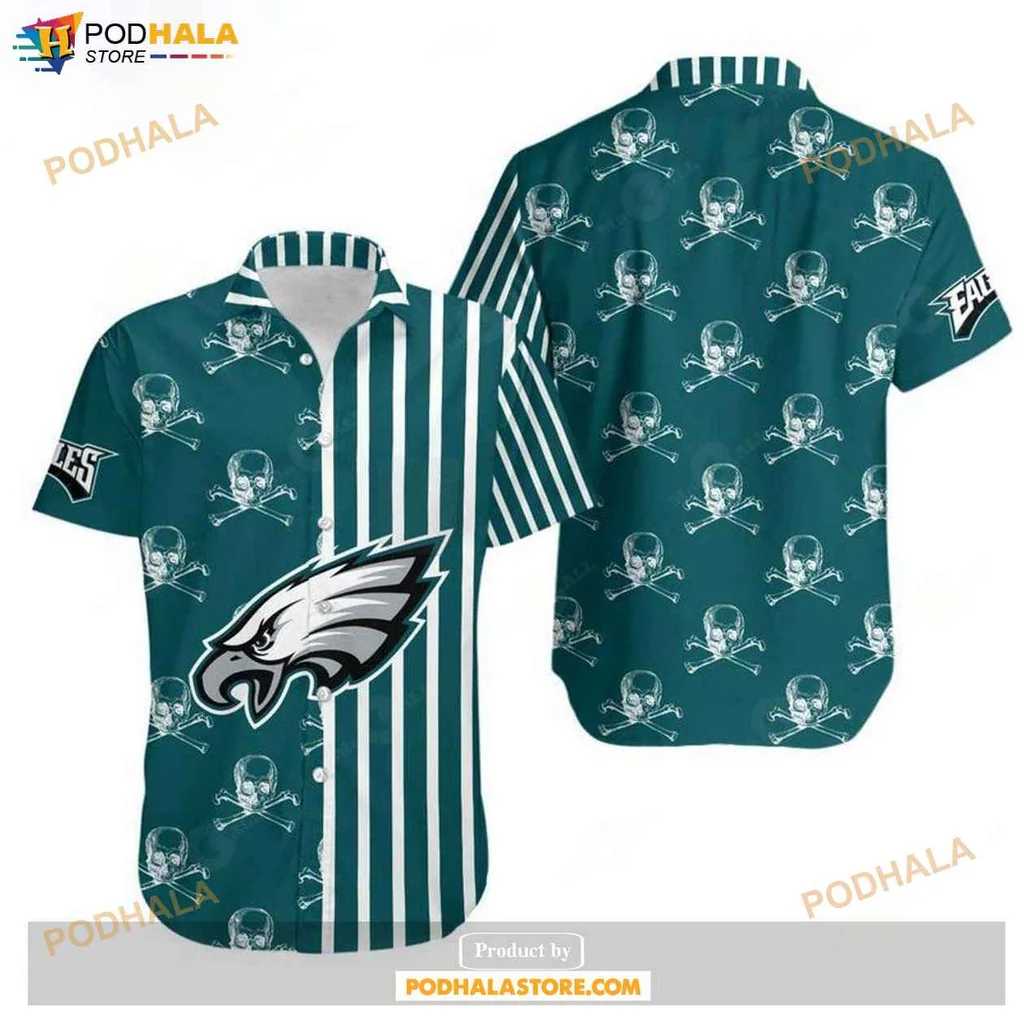 Edgy Skulls Philadelphia Eagles Hawaiian Shirt, Bold Stripes For Summer Fans