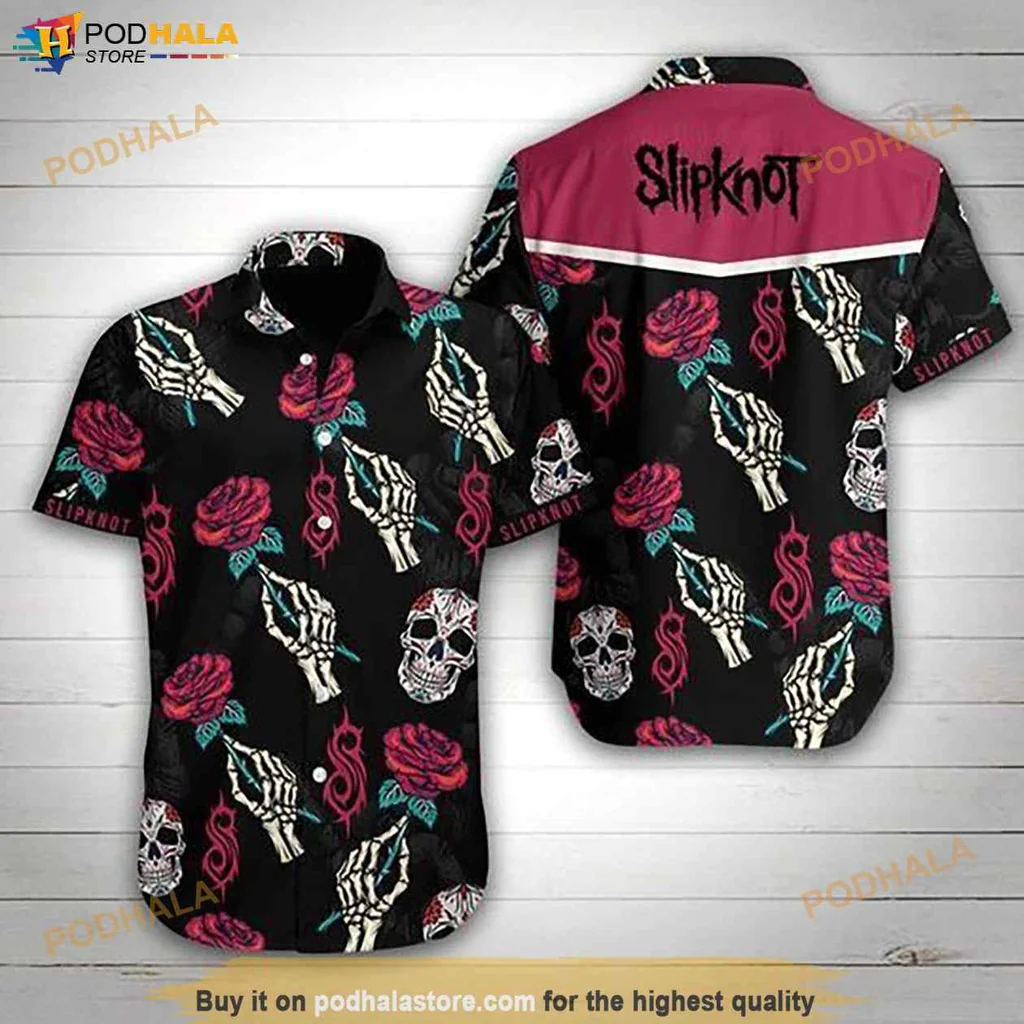 Edgy Skulls Roses Hawaiian Shirt, Slipknot Band Graphic Design With Dark Aesthetic