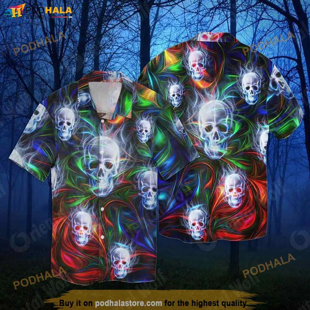 Edgy Skulls Tropical Hawaiian Shirt, Vibrant Neon Graphic Design