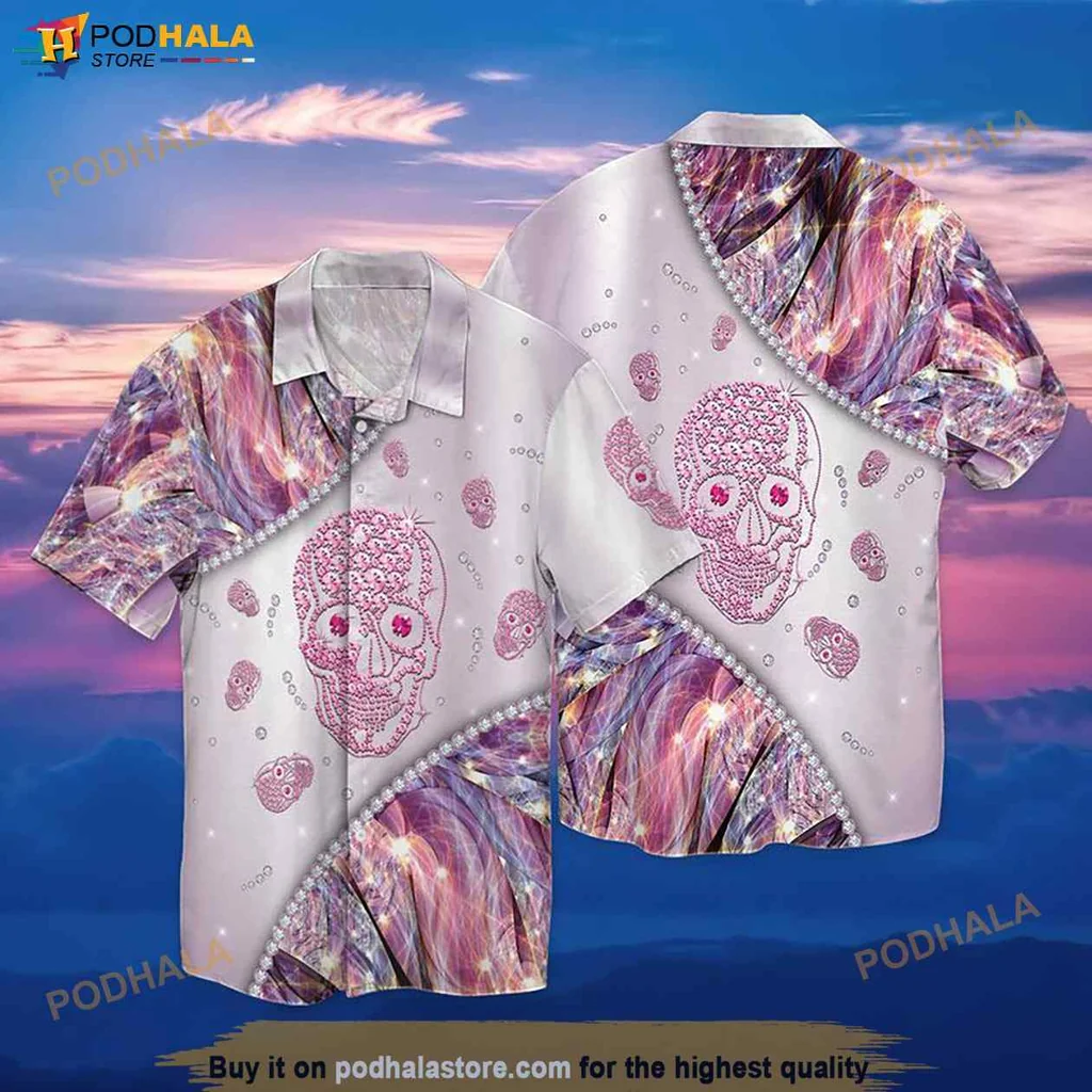 Edgy Tropical Skull Hawaiian Shirt, Vibrant Design With Diamond Elements