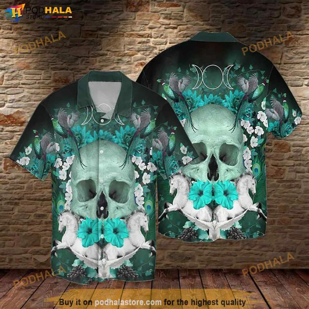 Edgy Tropical Skull Hawaiian Shirt, Vibrant Design With Hummingbirds And Flowers