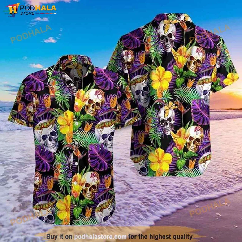 Edgy Tropical Skulls Hawaiian Shirt, Vibrant Hibiscus And Leaves Design