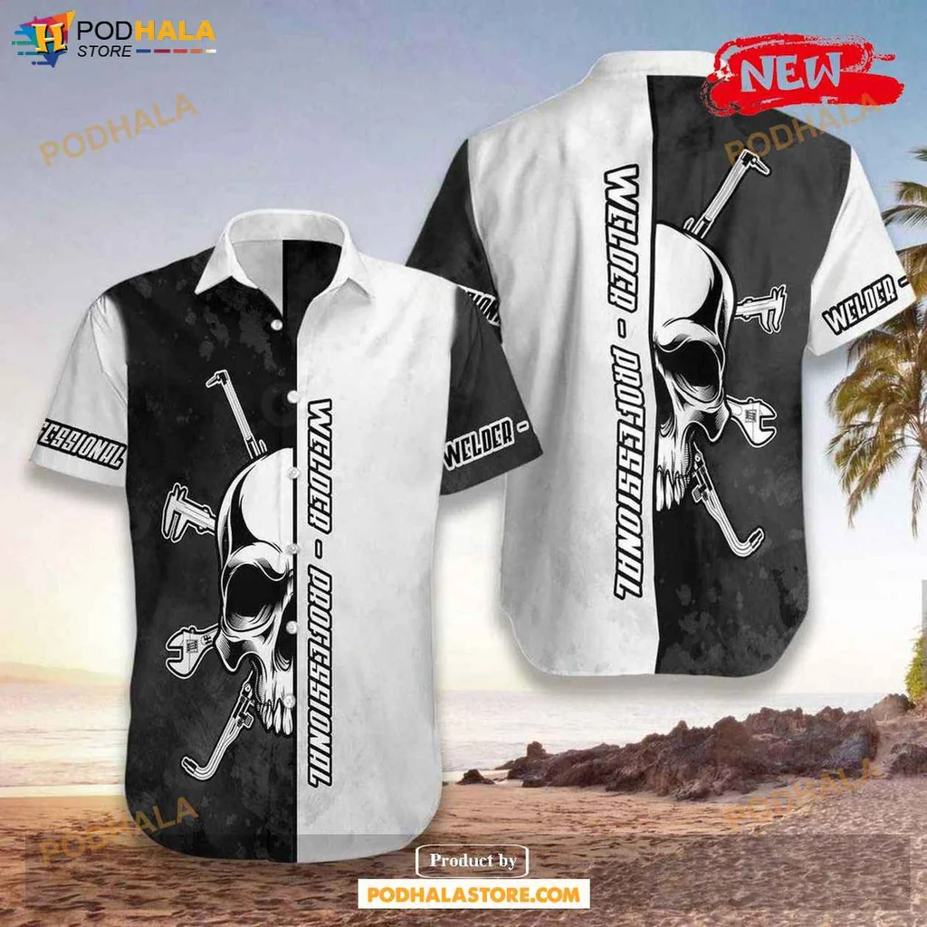 Edgy Welder Aloha Shirt, Professional Skull Design For Summer Fun