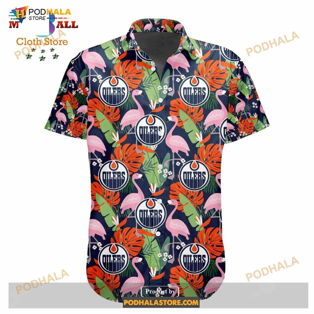 Edmonton Oilers Hawaiian Shirt With Flamingos And Tropical Leaves