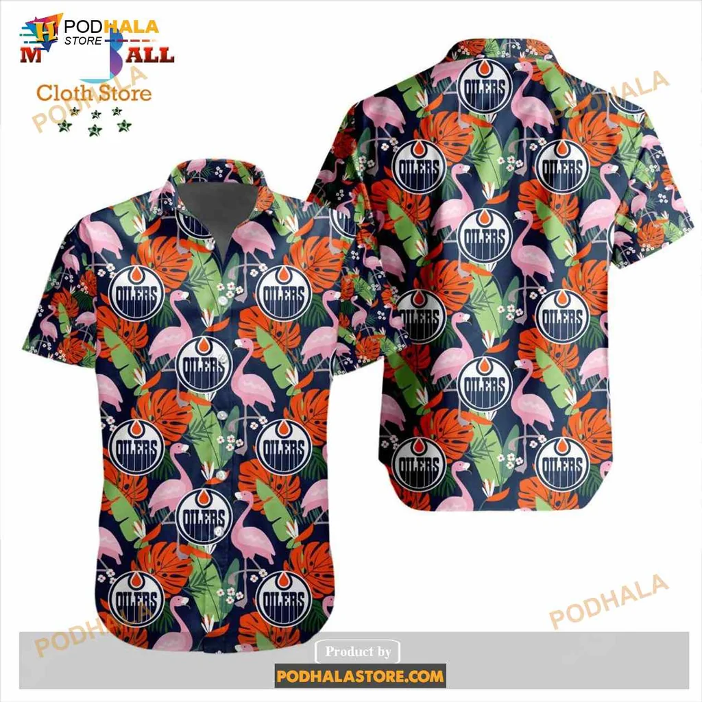 Edmonton Oilers Aloha Shirt With Flamingos And Tropical Leaves Edmonton Oilers Aloha Shirt With Flamingos And Tropical Leaves