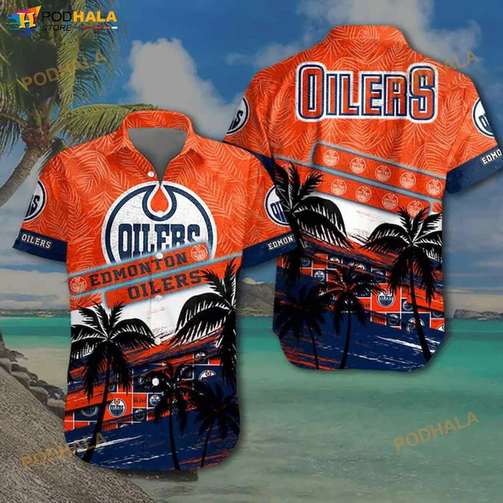 Edmonton Oilers Hawaiian Shirt With Tropical Motif And Team Branding Edmonton Oilers Hawaiian Shirt With Tropical Motif And Team Branding
