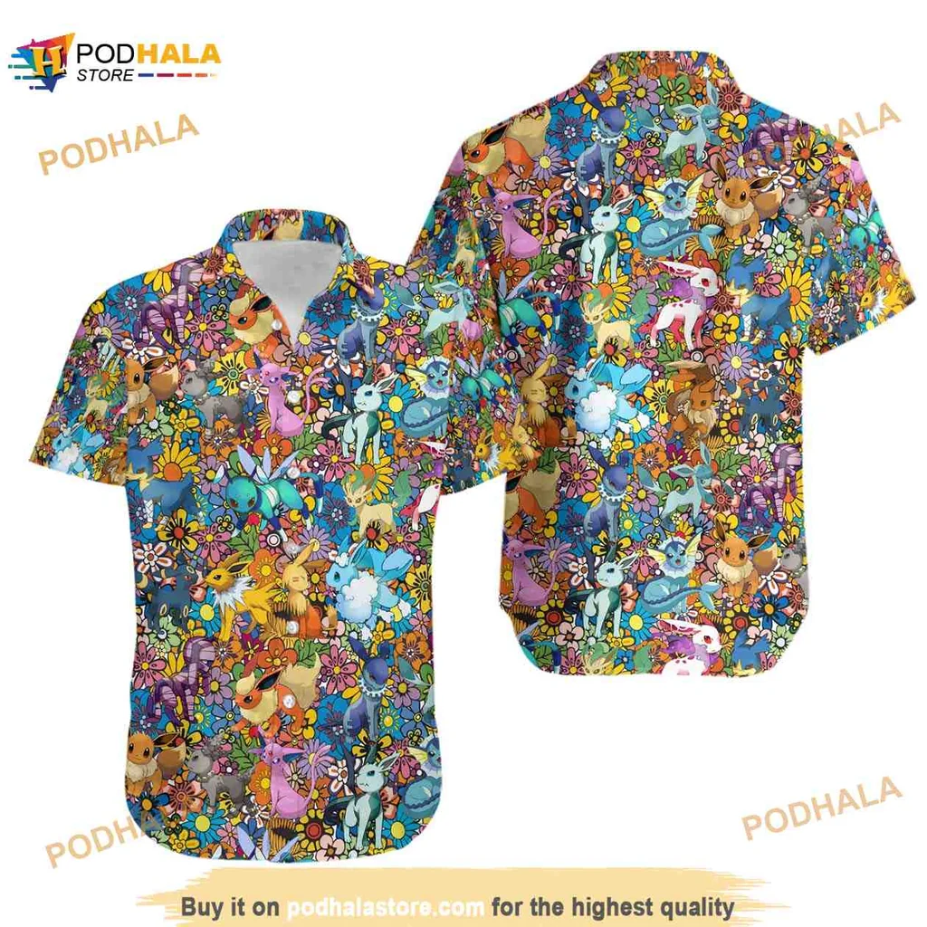 Eevee Evolution Hawaiian Shirt Featuring Vibrant Pokémon Characters