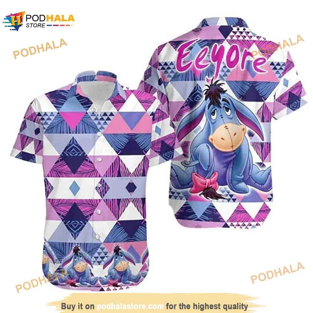 Eeyore Cartoon Hawaiian Shirt Featuring Vibrant Geometric Patterns
