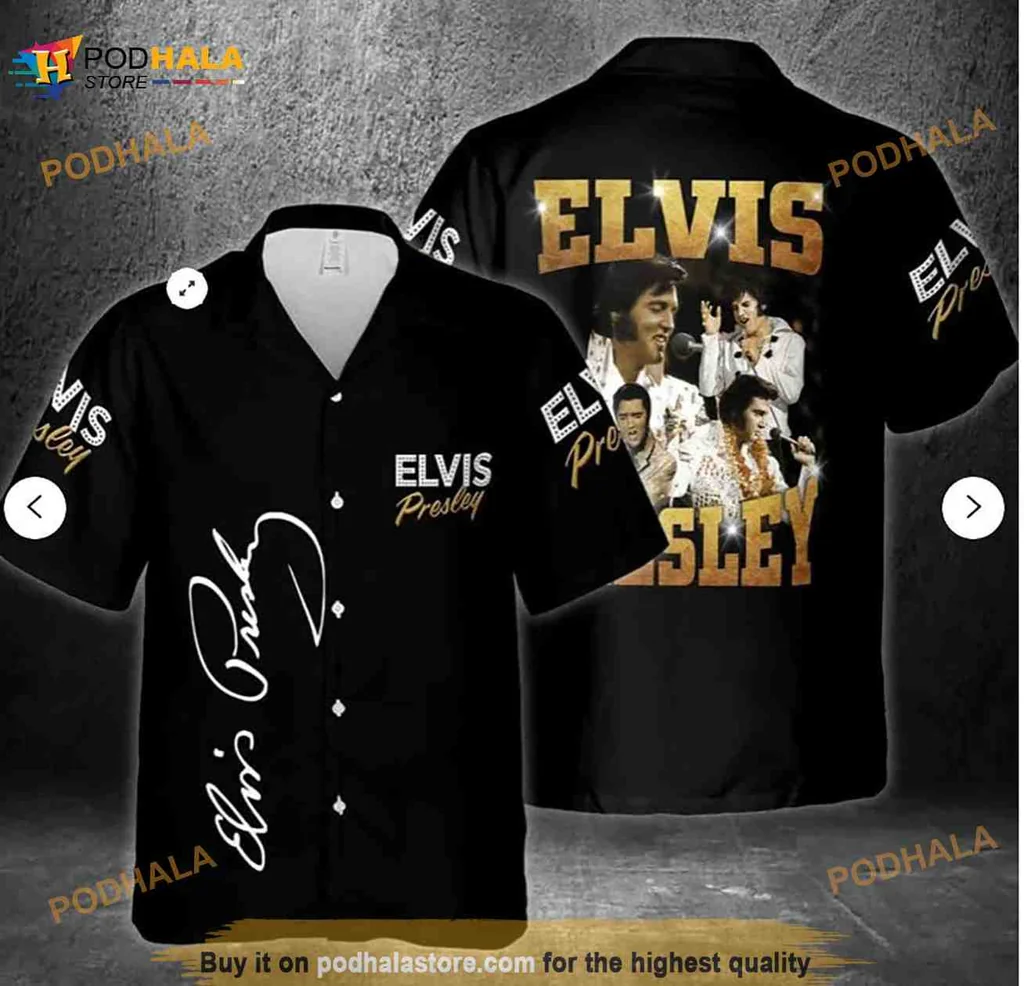 Elvis Presley Aloha Shirt, Classic Black Design With Signature And Images