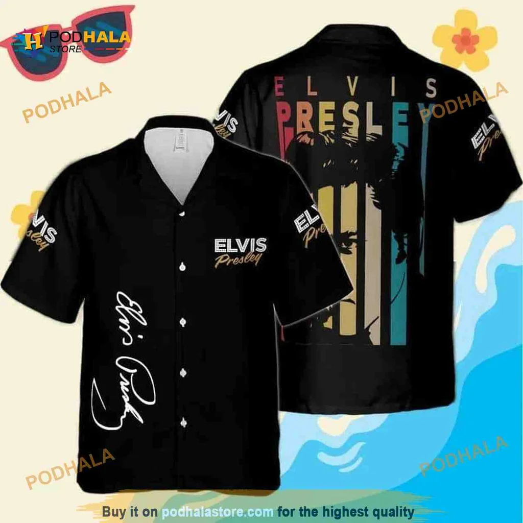 Elvis Presley Aloha Shirt With Vibrant Sunset Design And Palm Trees