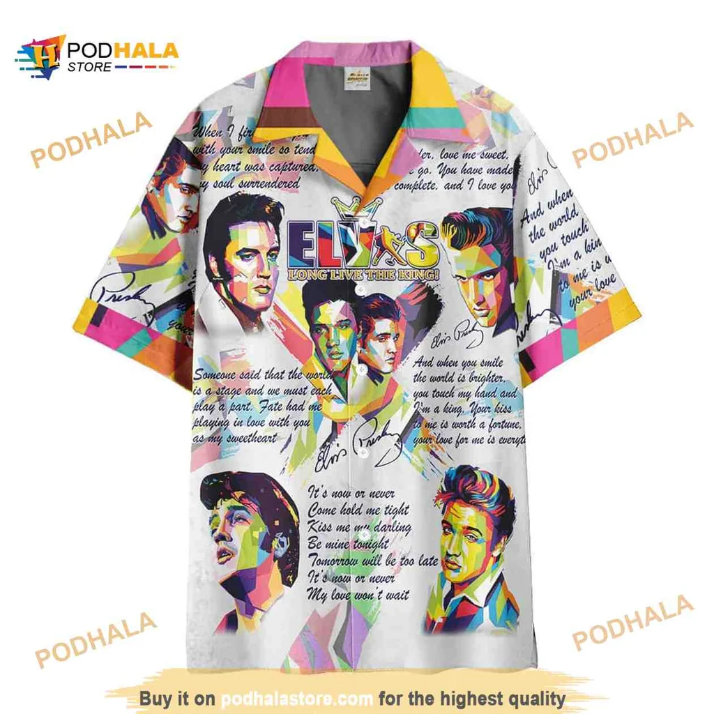 Elvis Presley Colorful Hawaiian Shirt With Vibrant Portraits And Quotes