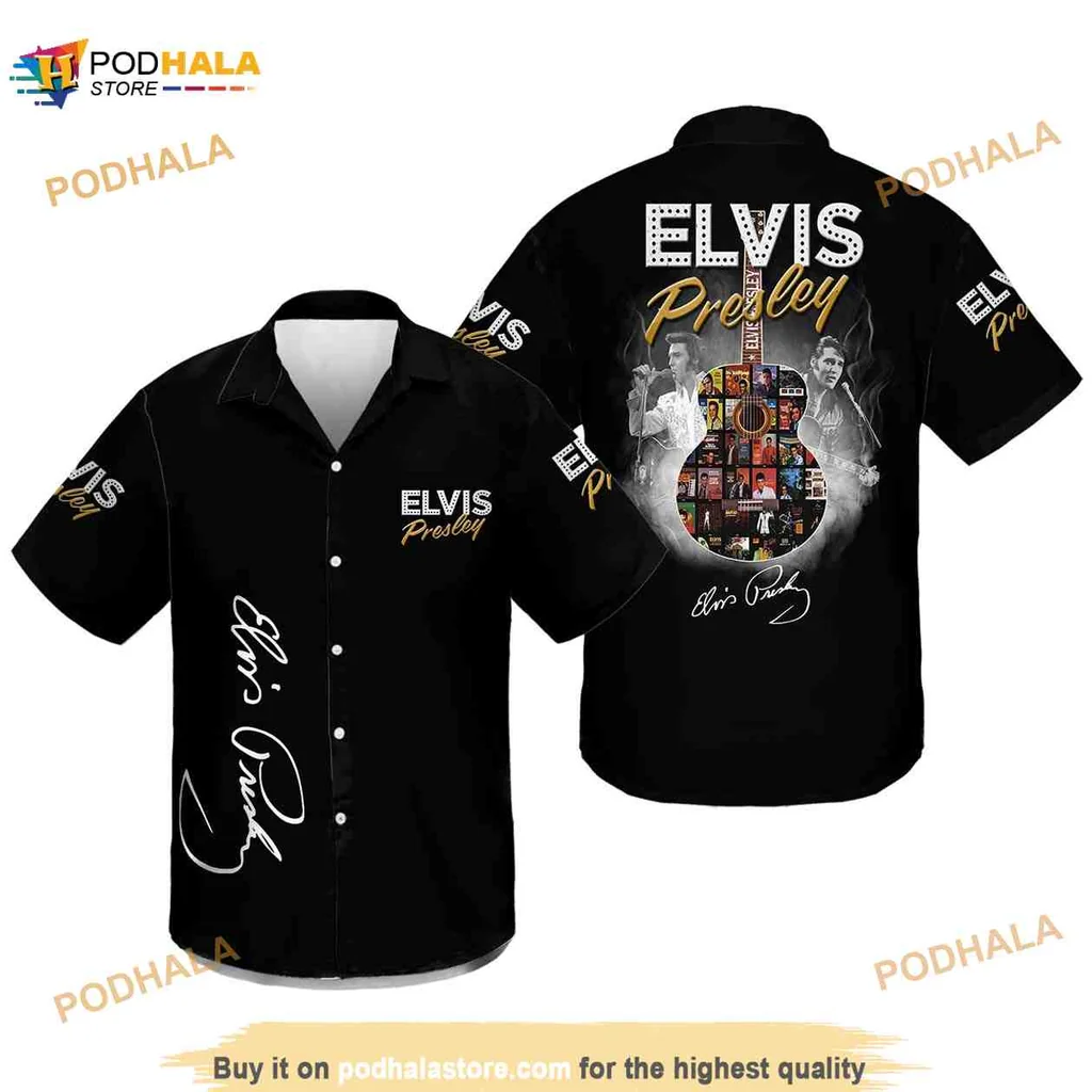 Elvis Presley Guitar Aloha Shirt With Colorful Collage Design