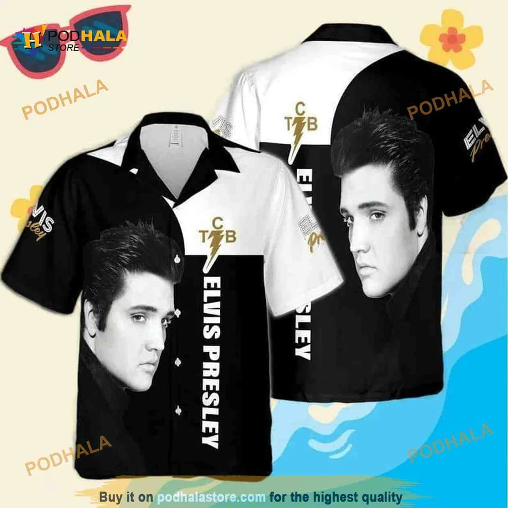Elvis Presley Retro Hawaiian Shirt Featuring Bold Black And White Design