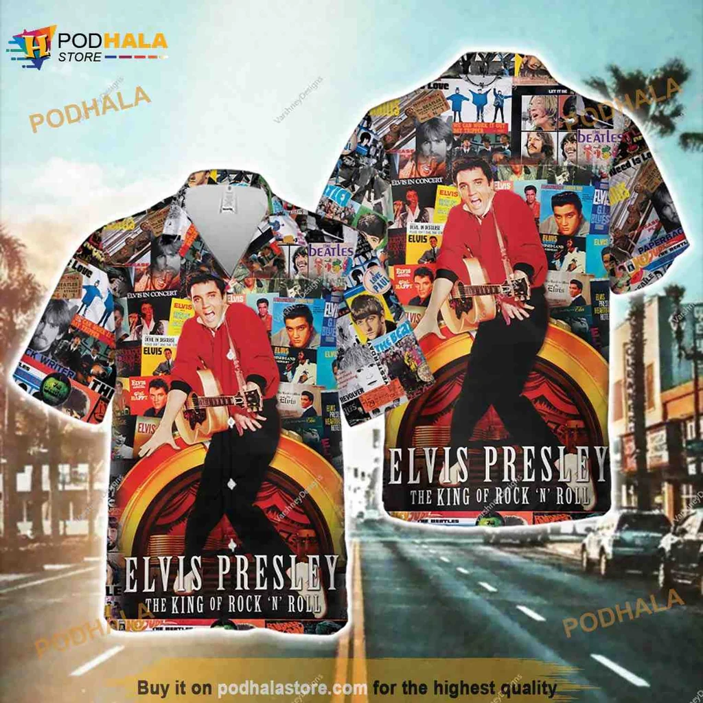 Elvis Presley Retro Hawaiian Shirt Featuring Iconic Album Collage