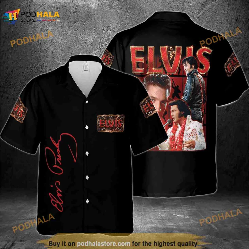Elvis Presley Retro Hawaiian Shirt With Bold Red Elvis Design