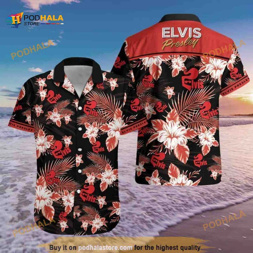 Elvis Presley Tropical Aloha Shirt With Hibiscus Flower Pattern