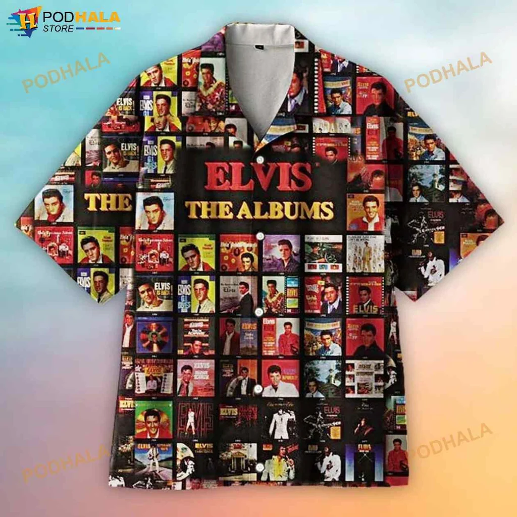Elvis Presley Vintage Hawaiian Shirt Featuring Iconic Album Covers