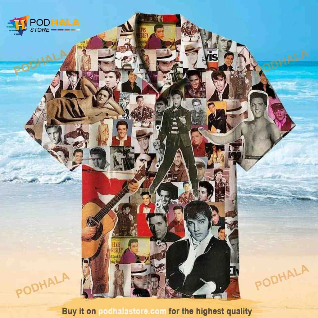 Elvis Presley Vintage Hawaiian Shirt Featuring Iconic Rock And Roll Collage