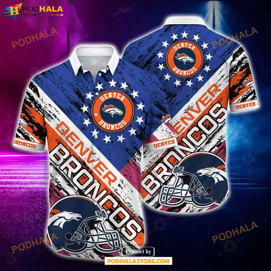Energetic Denver Broncos Hawaiian Shirt With Rugby Helmet Design, Vibrant Team Colors