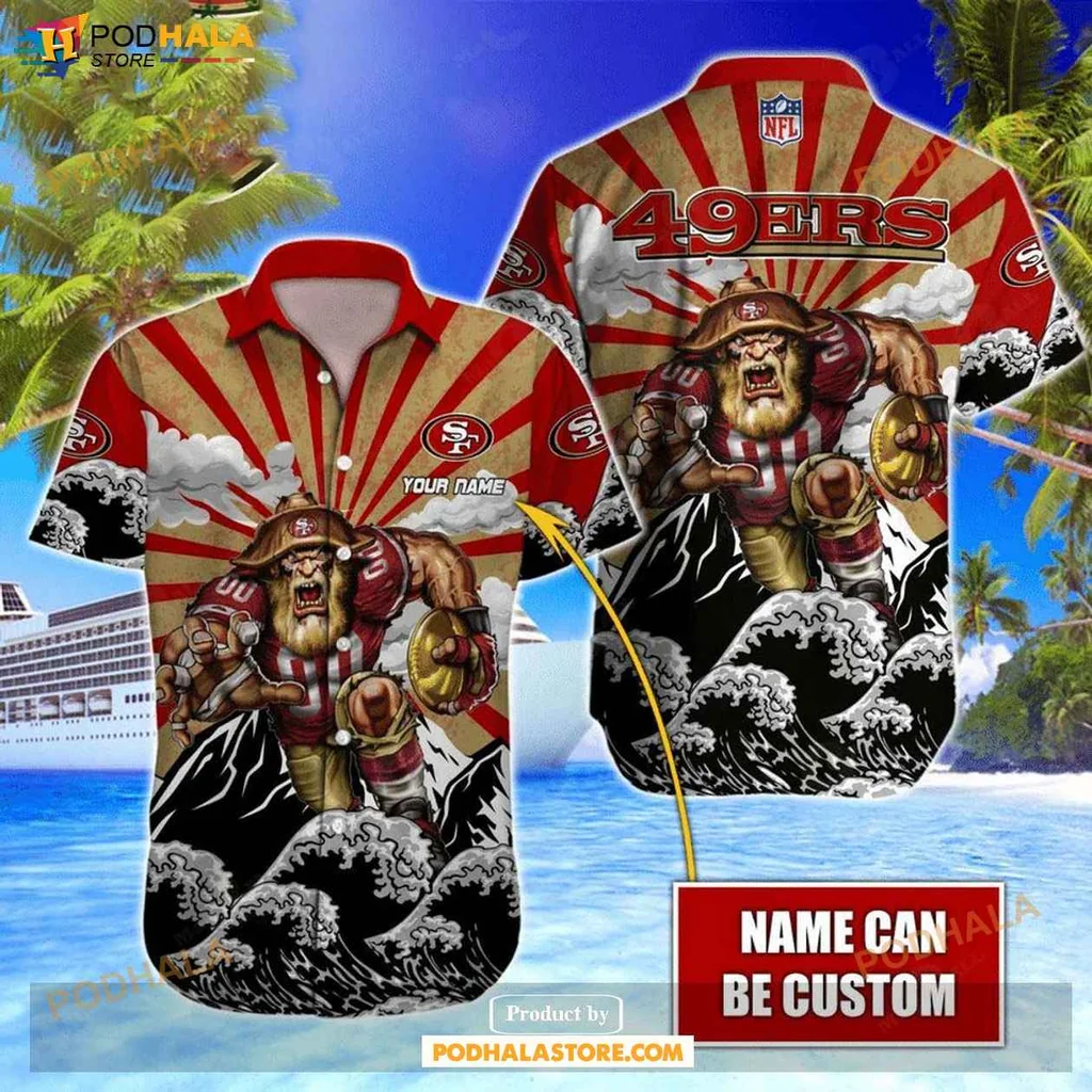 Energetic Football Player 49ers Hawaiian Shirt, Bold Graphic Design With Waves And Sunburst