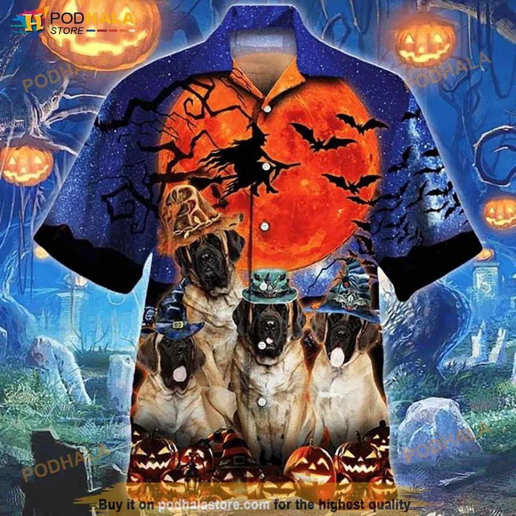 English Mastiff Halloween Hawaiian Shirt With Spooky Moon And Bats