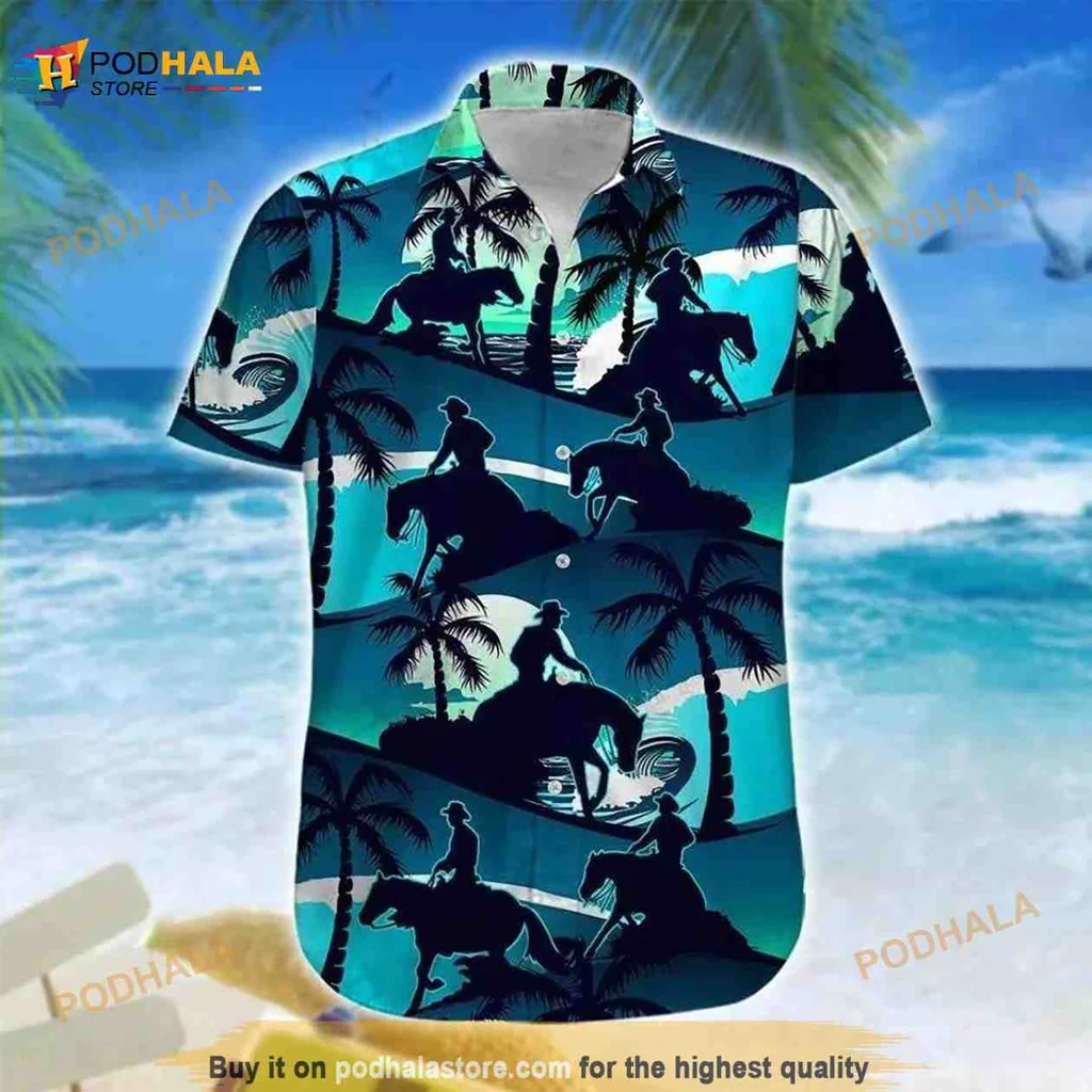 Equestrian Horse Tropical Hawaiian Shirt With Blue Palm Design