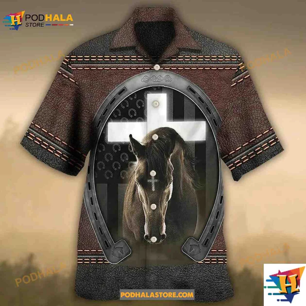 Faith Horse Lovers Aloha Shirt With Cross And Horseshoe Design Faith Horse Lovers Aloha Shirt With Cross And Horseshoe Design