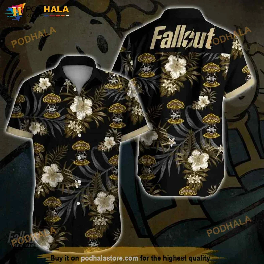 Fallout Tropical Hawaiian Shirt With Hibiscus Flowers And Green Leaves