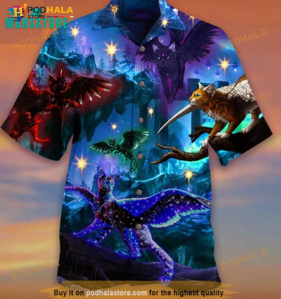 Fantasy Animal Cosmic Hawaiian Shirt Featuring Colorful Dragon And Cat