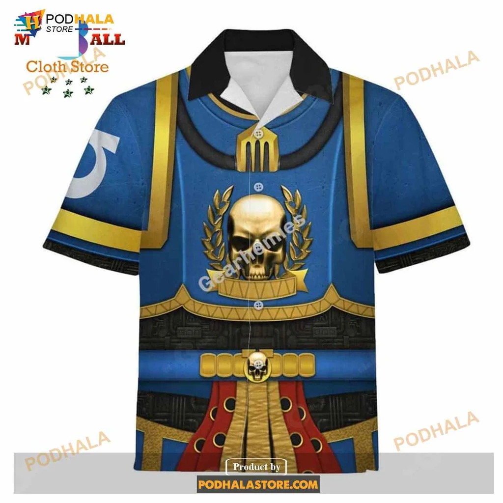 Fantasy Armor Hawaiian Shirt Featuring Bold Skull Design And Gold Accents