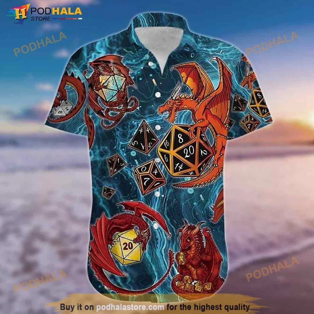 Fantasy Dragon Gaming Hawaiian Shirt With Colorful Dice Design
