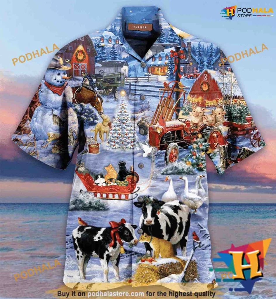 Farm Christmas Hawaiian Shirt With Santa And Festive Winter Scene