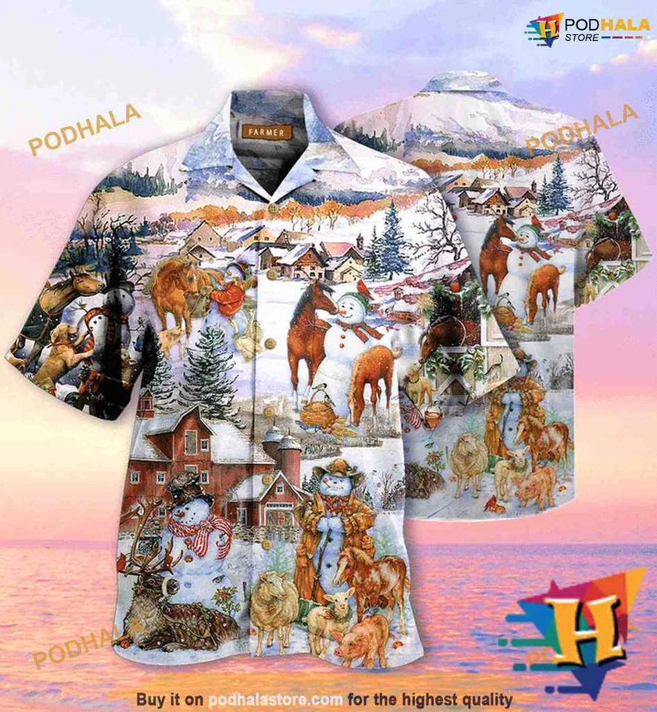 Farm Life Christmas Hawaiian Shirt Featuring Festive Winter Scene