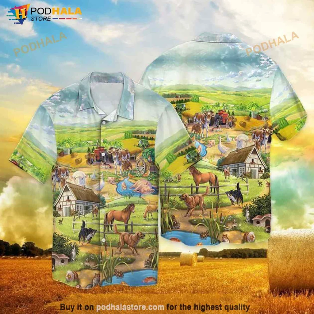 Farm Life Hawaiian Shirt Featuring Horses, Barn, And Vibrant Rural Landscape