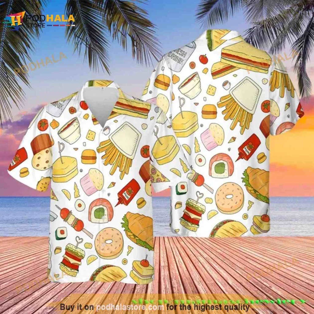 Fast Food Elements Aloha Shirt With Colorful Burger And Sushi Design