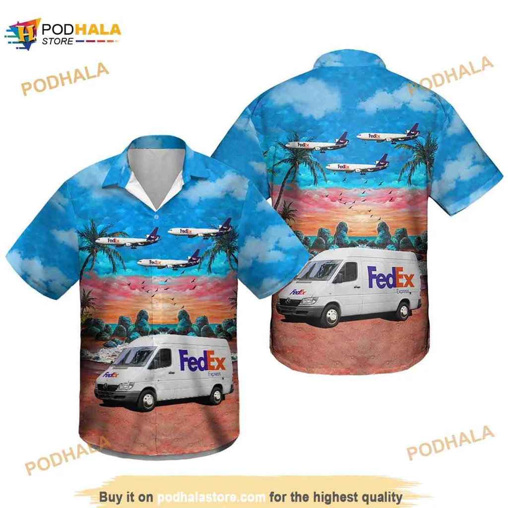 Fedex Delivery Truck Hawaiian Shirt Featuring Tropical Sunset Scene