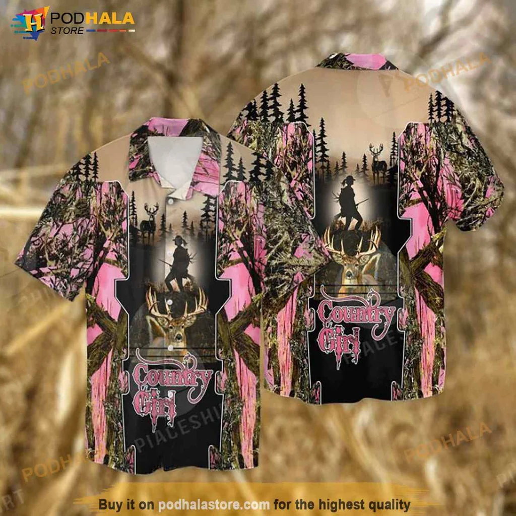 Female Hunter Hawaiian Shirt With Vibrant Nature Design