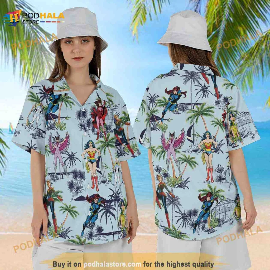 Female Superhero Hawaiian Shirt Featuring Colorful Comic Book Characters