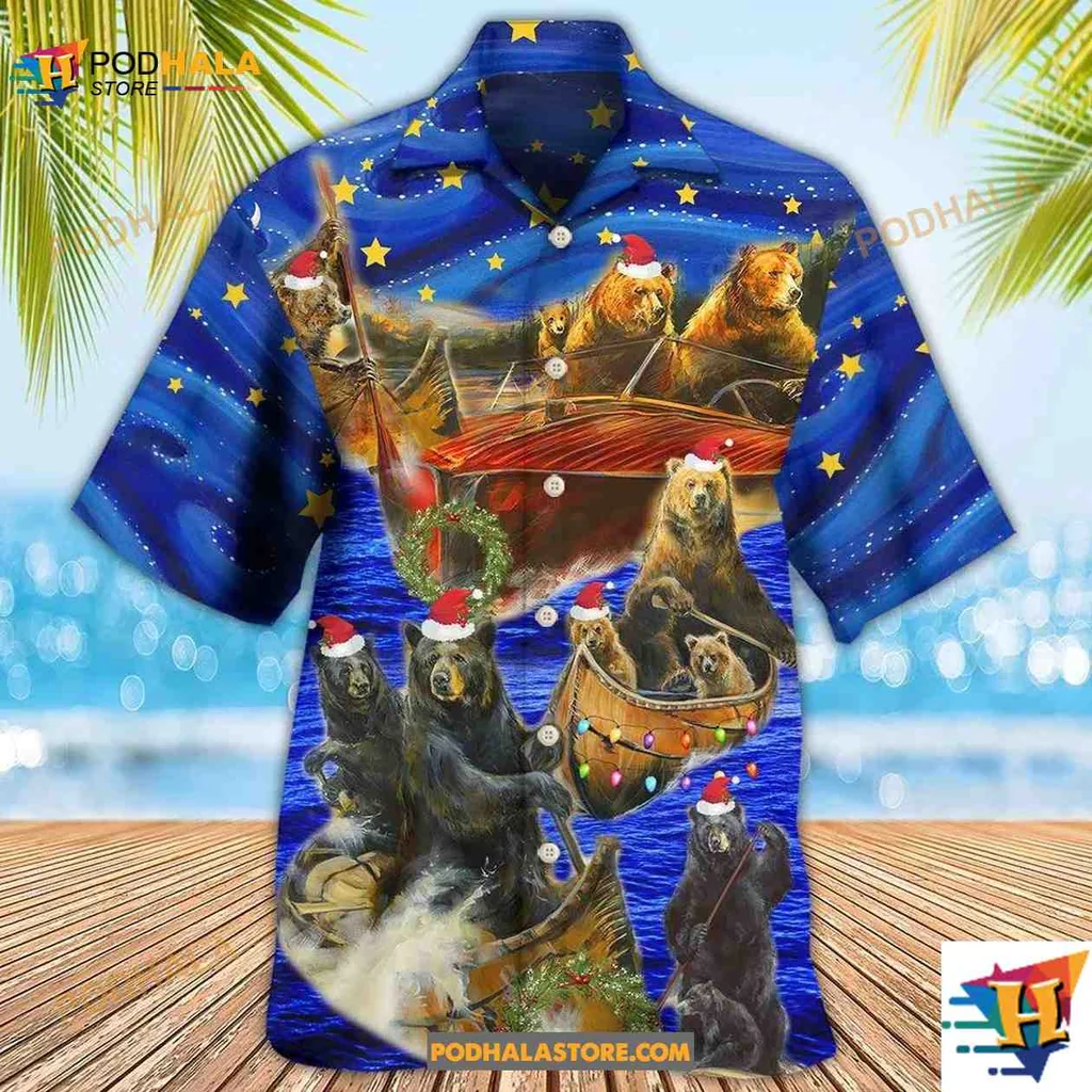 Festive Bear Hawaiian Shirt With Christmas Lights And Boats