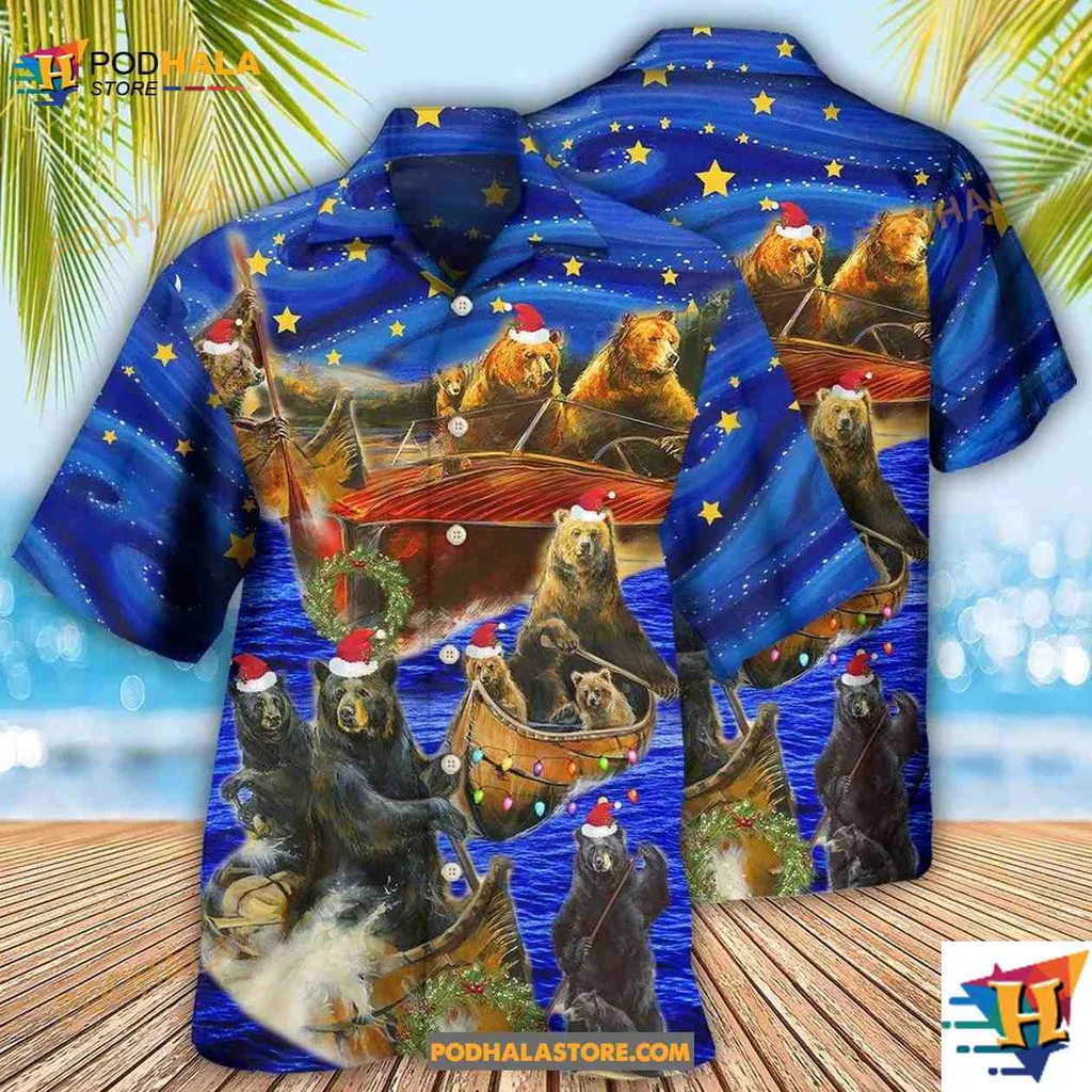 Festive Bear Aloha Shirt With Christmas Lights And Boats Festive Bear Aloha Shirt With Christmas Lights And Boats