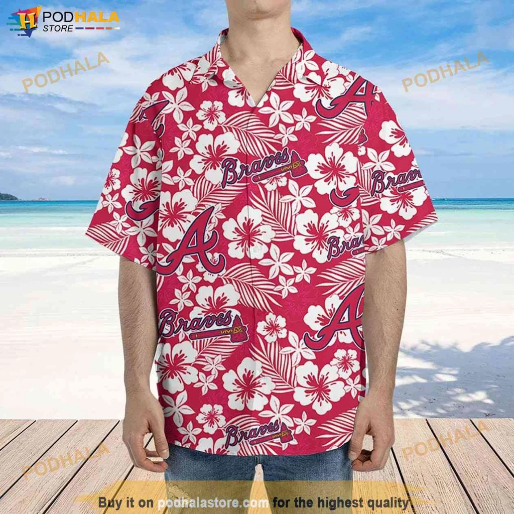 Festive Braves Aloha Shirt, Atlanta Braves Hibiscus Pattern Vacation Shirt