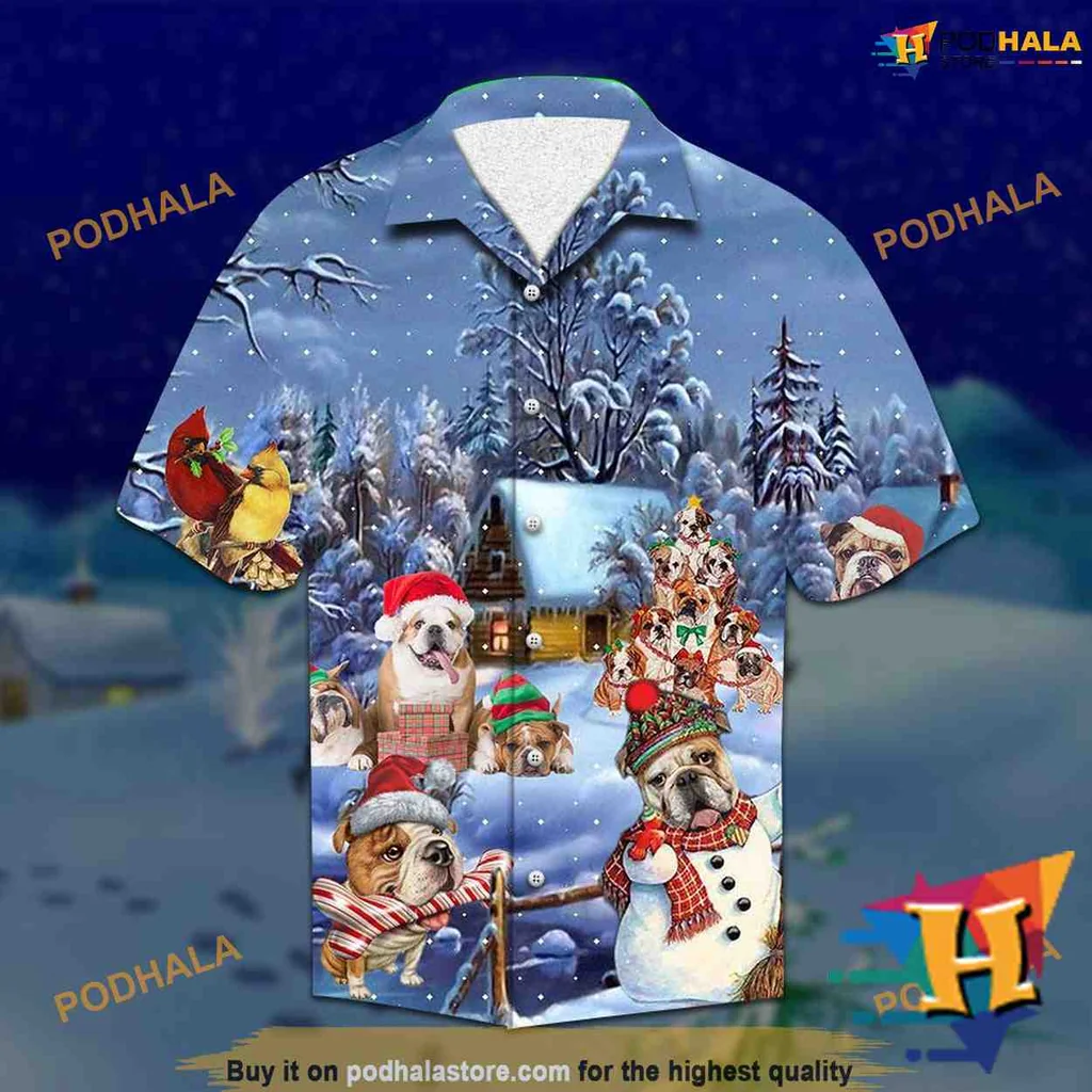 Festive Bulldog Hawaiian Shirt With Santa Hats And Winter Scene