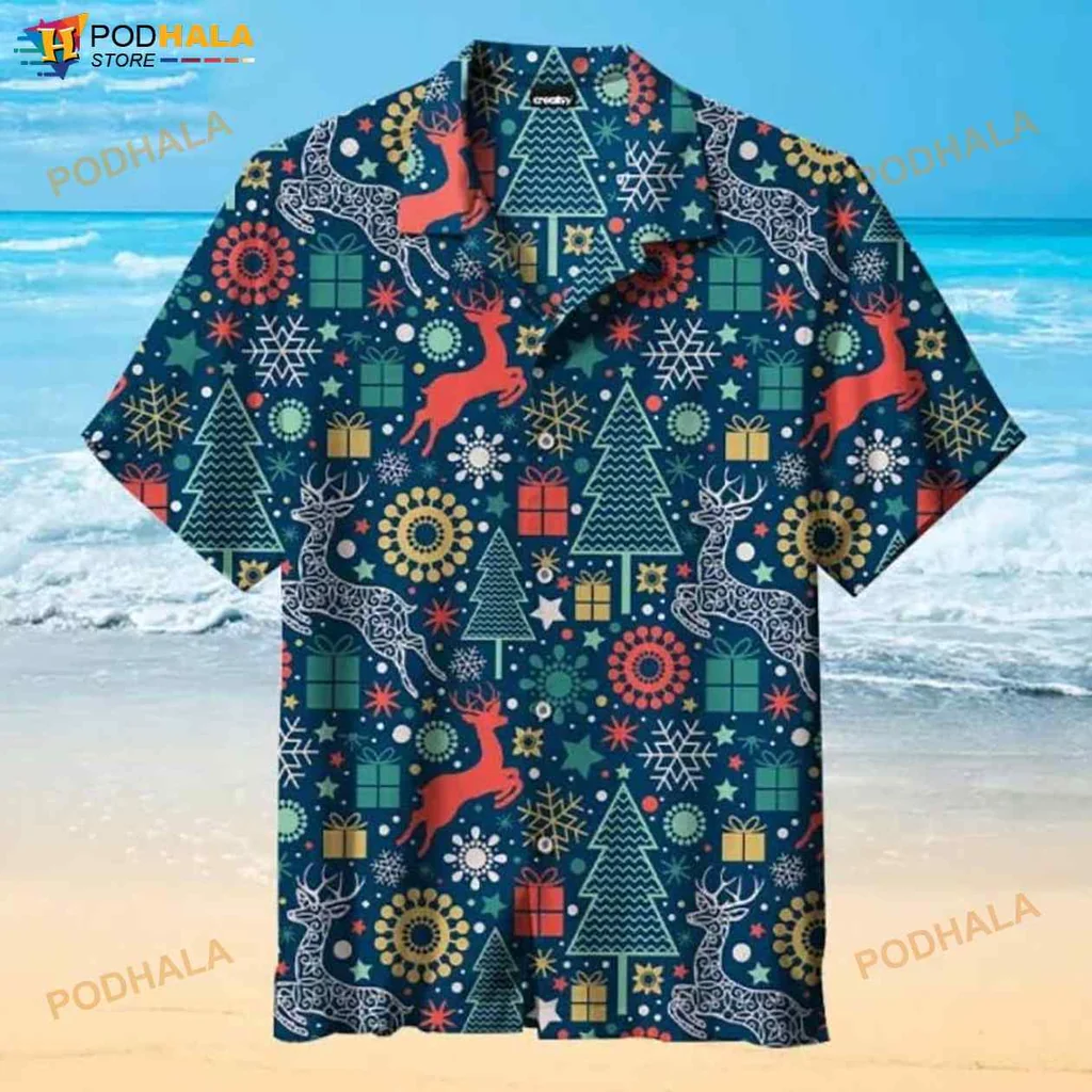 Festive Christmas Reindeer Hawaiian Shirt With Colorful Holiday Pattern