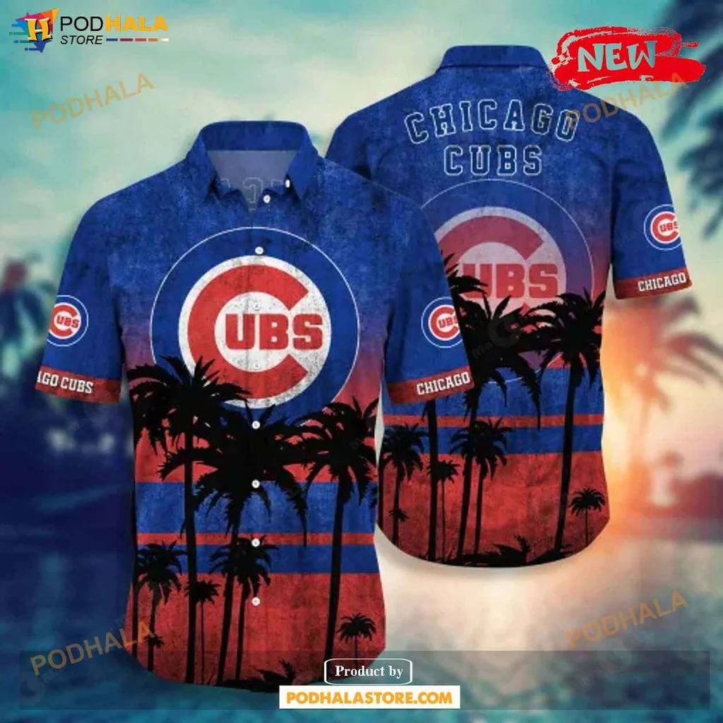 Festive Cubs Aloha Shirt With Tropical Sunset Design, Chicago Cubs Logo Shirt