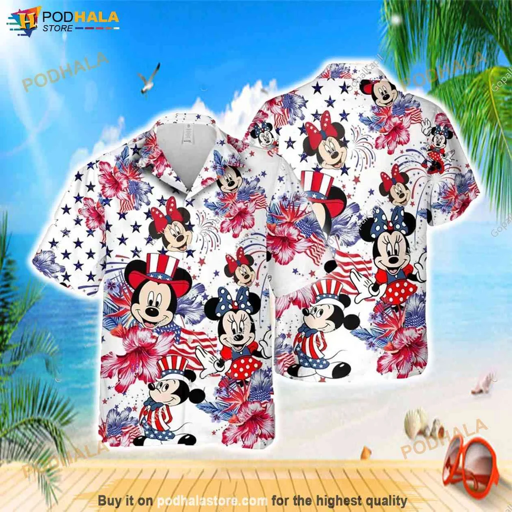 Festive Disney Aloha Shirt Featuring Mickey And Minnie, Patriotic Summer Shirt