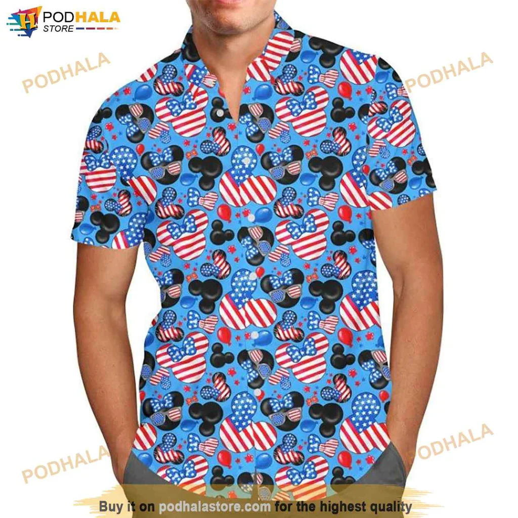 Festive Disney Fan Hawaiian Shirt With Mickey Mouse And American Flag Design
