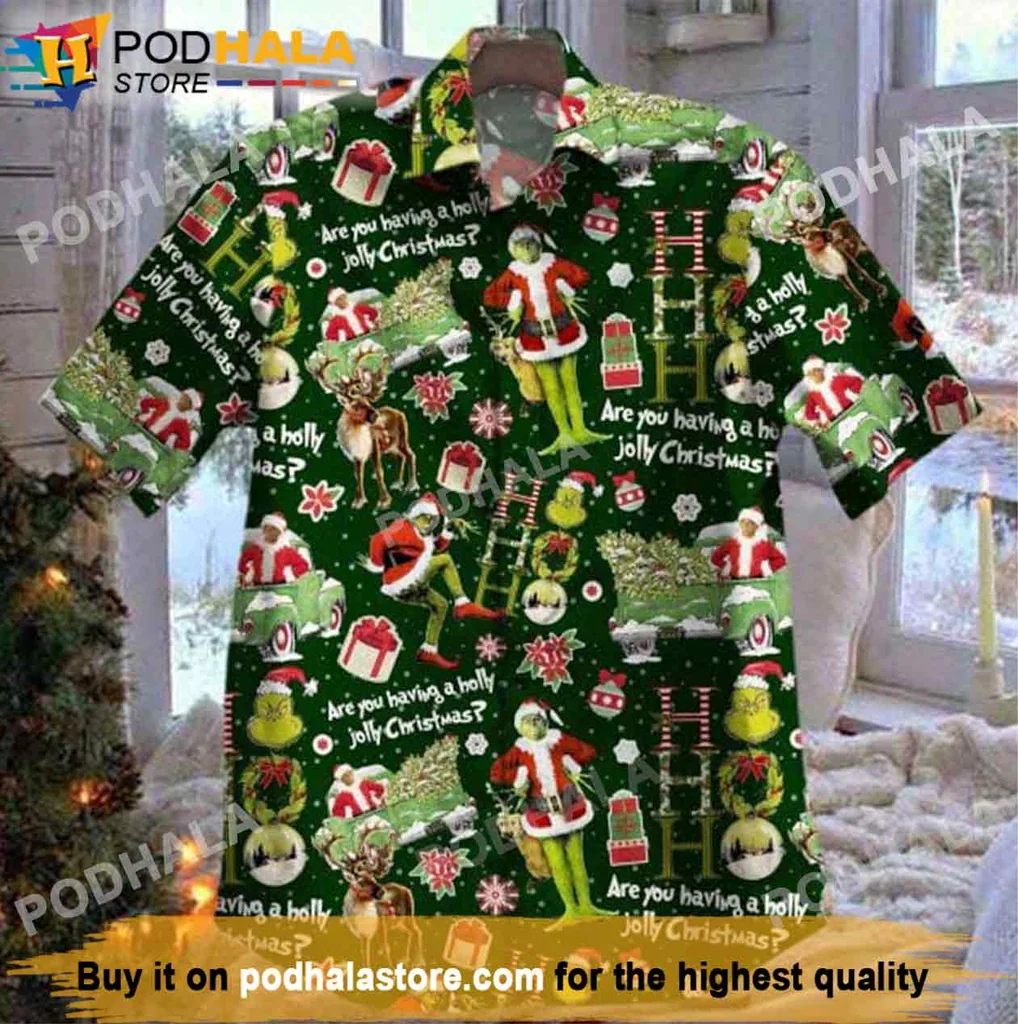 Festive Grinch Holiday Hawaiian Shirt, Whimsical Christmas Design With Grinch And Gifts