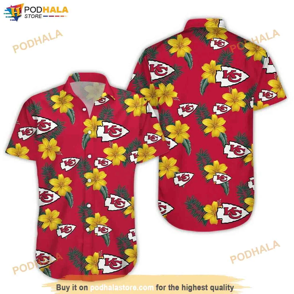 Festive Hibiscus Chiefs Hawaiian Shirt, Vibrant Red With Palm Leaves And Logo